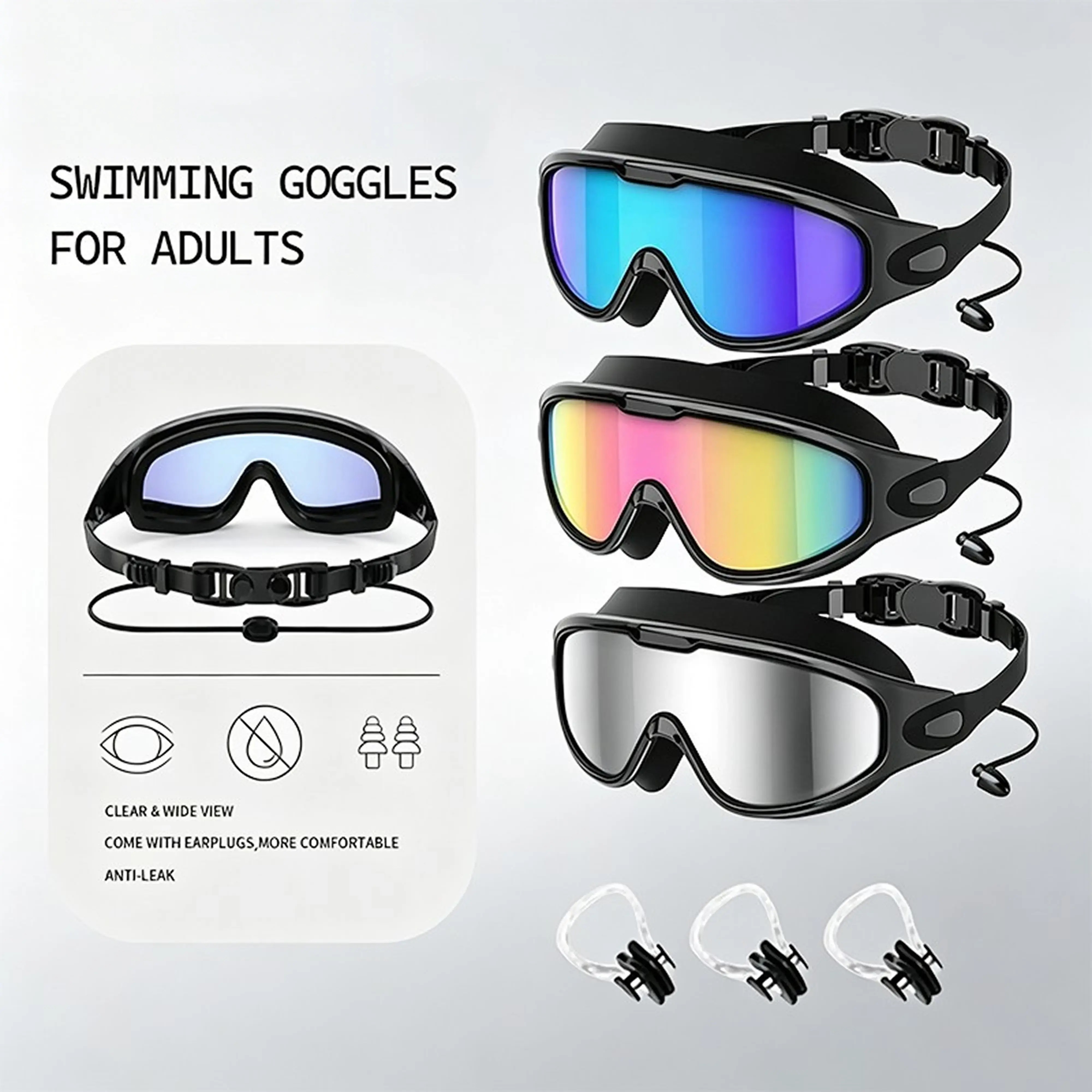 3-Pack Swim Goggles with Nose Clip for Adults and Teens - Leak-Proof Outdoor
